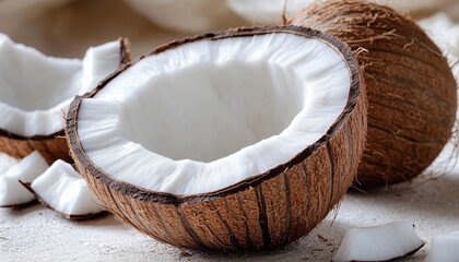 Summer Delight: Half-Cut Slice Of Organic Coconut Fruit, Perfect For Beach Vacations With Natural Coconut Oil And Milk. Enjoy The Ripe Delicacy!