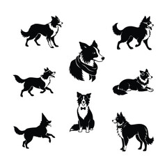border collie silhouette dog different poses linocut style vector illustration on white background