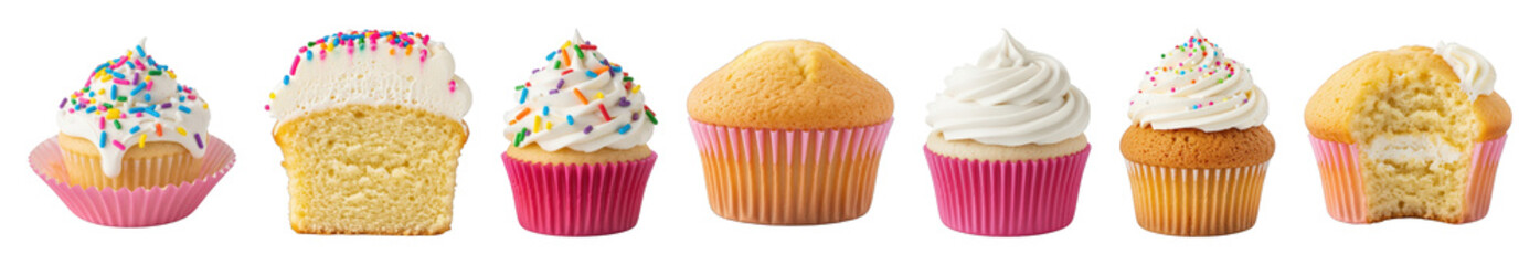 Cupcake set including whole, halved, plain, frosted, sprinkle, and bitten isolated. Dessert and bakery collection.