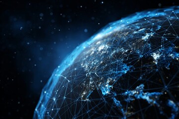 Obraz premium Stunning Blue and Black Abstract Representation of Earth with Digital Network Connections and Stars in Vast Space