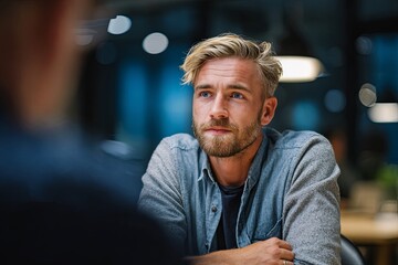 Obraz premium Young man engaged in a creative discussion during a meeting in a modern office space, demonstrating collaboration and innovative thinking