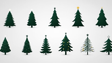 An array of flat, varied dark green Christmas tree icons, some with star decorations - Powered by Adobe