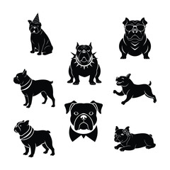 bulldog silhouette different poses linocut style vector illustration on white background