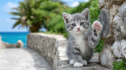Playful kitten waving by a stone path near the beach.