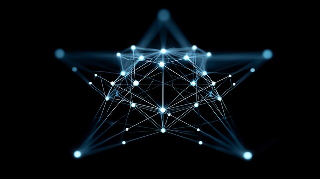 Futuristic glowing blue network connections forming star shape against black background for technology, artificial intelligence, or digital transformation concept with free copy space