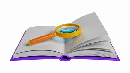 Magnifying glass examining an open book with blank pages and a purple binding