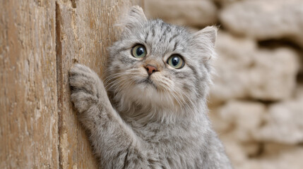 Curious gray kitten climbing a wooden surface.