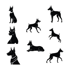 Doberman pinscher silhouette dog different poses linocut style vector illustration on white background