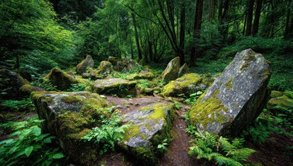 Lush forest floor strewn with mossy rocks.