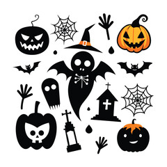 A scary Halloween pumpkin vector set with spooky bat and cat silhouettes 
