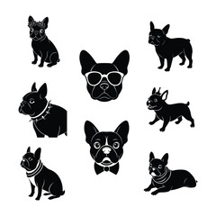 French bulldog silhouette dog different poses linocut style vector illustration on white background