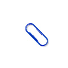 Illustration of a single blue paperclip lying on a white background, isolated