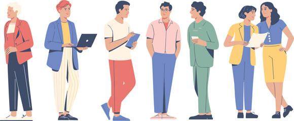 Professional business team standing and talking with technology, collaborating on a project in a modern and diverse workplace.