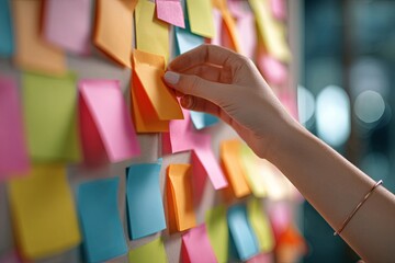 Fototapeta premium Hands Placing Colorful Sticky Notes on a Wall for Organization and Brainstorming in a Creative Workspace Environment