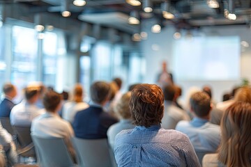 Professional Business Seminar in Modern Office Space with Attentive Audience Listening to Speaker Presentation