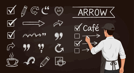 Hand drawn vector chalkboard cafe concept with hand drawn check boxes and symbols