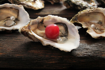 Fresh sea bivalve oysters are laid out on a wooden table. Oysters are a dietary, sports food and...