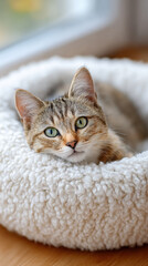 Cozy cat resting in a soft bed by the window.