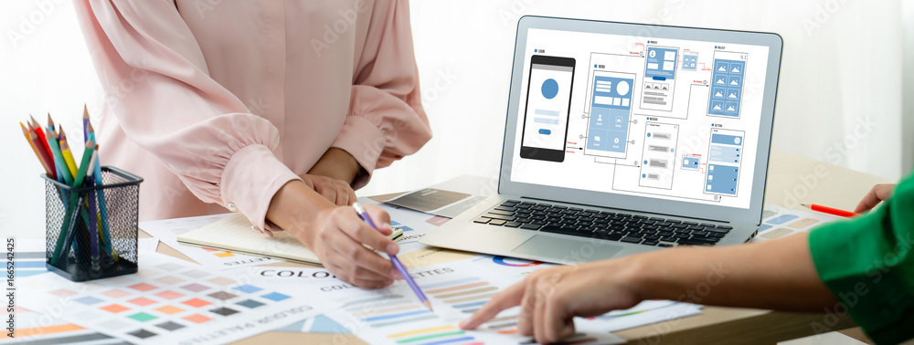 Poster ux ui design process for brisk mobile application and website . creative prototype of wireframe for 