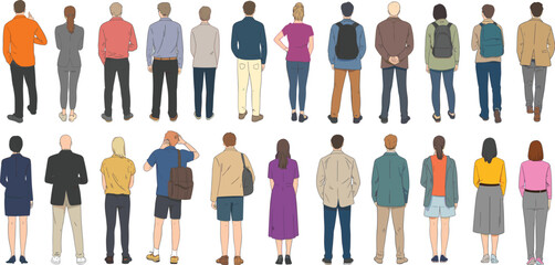 Diverse group of people standing with their backs turned, showcasing a crowd or audience from behind, representing unity and anonymity.