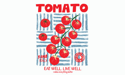 Naklejka na ściany i meble Red tomato vintage t-shirt design. Organic vegetable farm. Tomato vegetable artwork for t shirt print, poster, sticker and other uses.