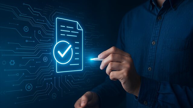 Futuristic Holographic Interface with Glowing Blue Code, Circuit Patterns, and Digital Checklist – Modern Technology and Data Workflow Concept