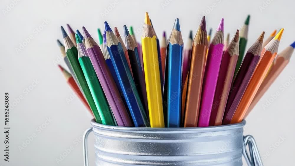 Poster a colorful pencil collection in a transparent container