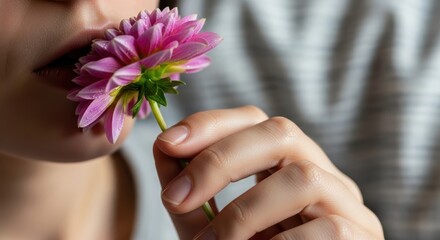 Female holding pink dahlia flower near face with closeup view