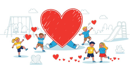 Heartfelt connections: Happy children playing around a giant heart illustration