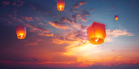 Sky lanterns floating against sunset sky
