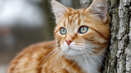 Curious orange cat gazing beside a tree trunk.