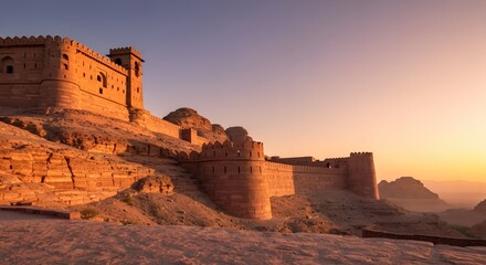 Obraz premium Majestic Fortress Captivating Sunset View of an Ancient Citadel's Walls, Evoking History and Architectural Grandeur with a Warm Glow