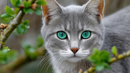 Gray cat with striking green eyes peeking through foliage.