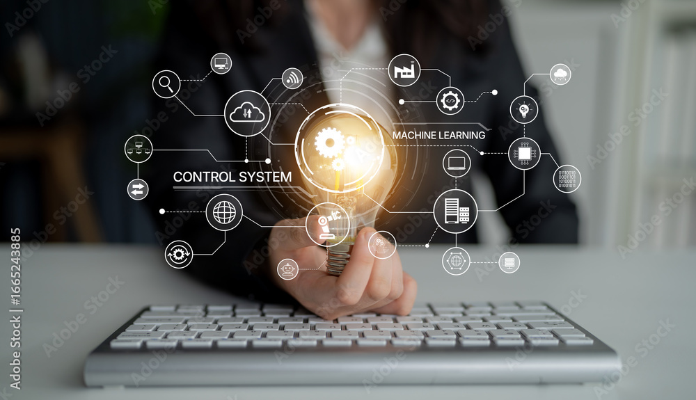 Poster modern automation drives workflow efficiency by connecting systems, people, and data. with intellige