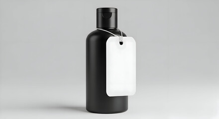 Fototapeta premium Black Bottle with Wooden Cap and White Tag Minimalist Look flat lay with copy space background 