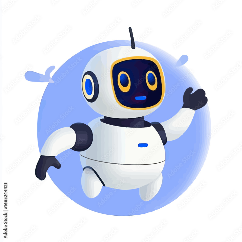 Poster friendly white and black robot character waving hand in front of blue circular background artificial