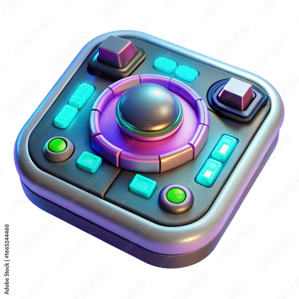 Poster modern game controller with neon lights isolated on transparent background