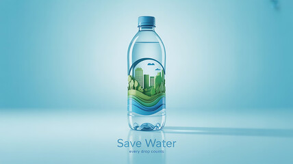 World Water Day, save water, a bottle of water with a green city inside emblem design in paper cut style Vector Design Illustration for blue Background, created with generative ai