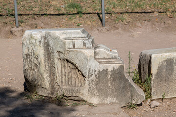 Rome, Italy - August 17, 2019: Fragment of a wall of an ancient Roman structure on the territory of the Roman Forum