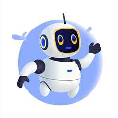 Friendly white and black robot character waving hand in front of blue circular background artificial intelligence concept minimalist vector design
