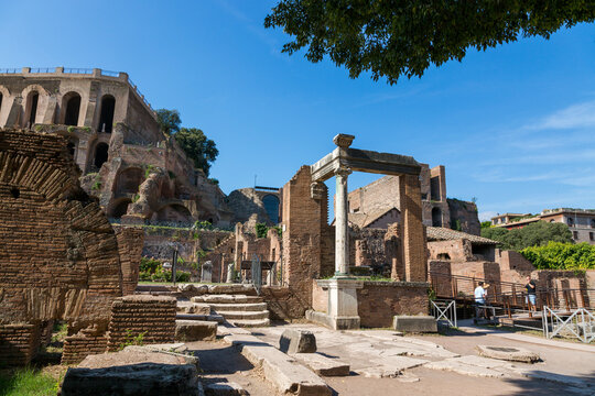 Rome, Italy - August 17, 2019: View of the ancient structures of the Roman Forum