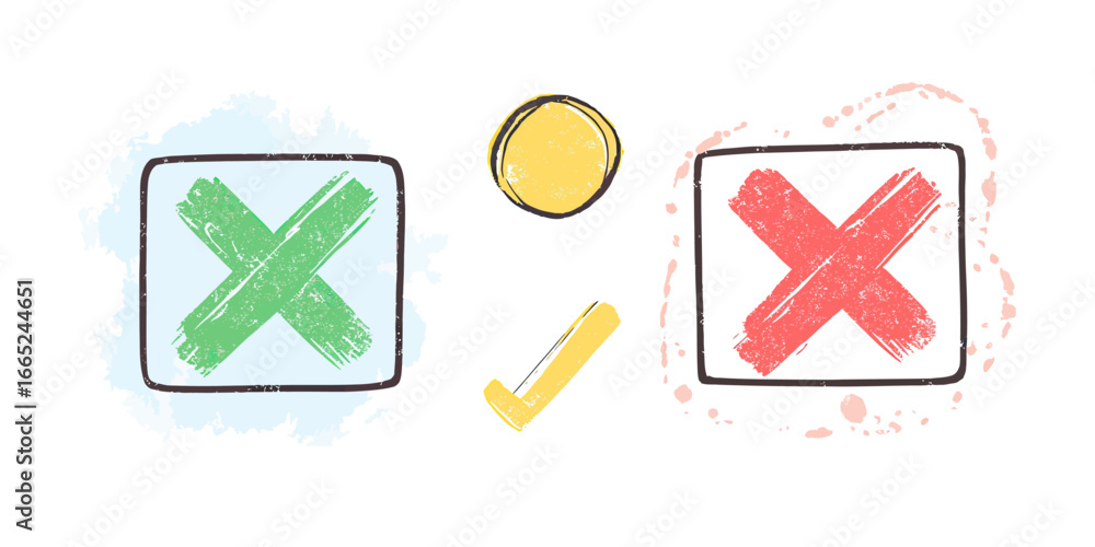 Poster hand drawn green check mark and red cross marks in squares and yellow circular check symbol sketch s