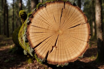 Cross-section of a tree trunk in a forest, showing growth rings and moss