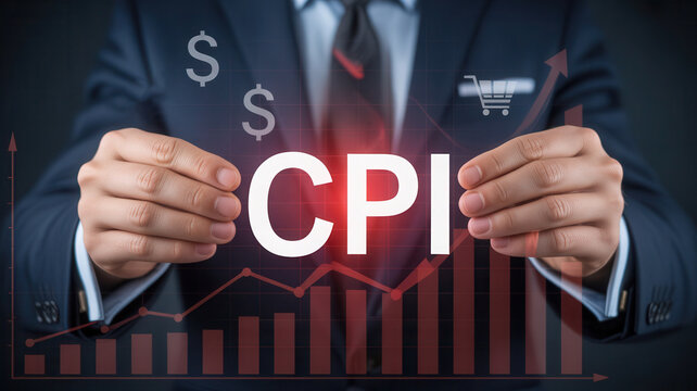 Professional in a business suit holding CPI data visualization, illustrating inflation, rising costs, and consumer spending trends with shopping cart icon - Powered by Adobe