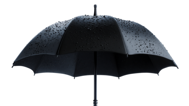 Black umbrella with water droplets on white background