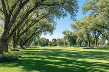 Lush green golf course stretches beneath towering trees.