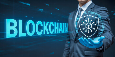 Businessman holding a digital shield with a blockchain network symbol representing secure decentralized technology and innovation