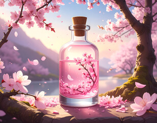 Dreamy illustration of a transparent bottle with pink liquid and sakura petals, surrounded by blooming cherry blossoms