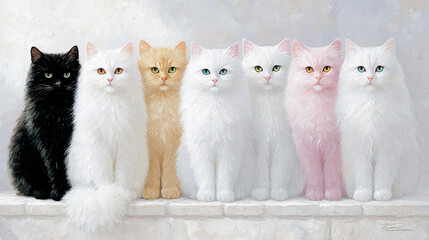 A lineup of colorful cats standing together.