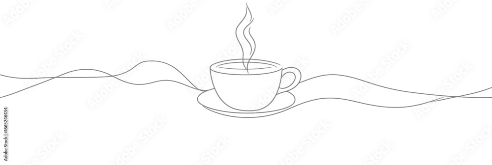 Poster minimalist continuous one line drawing of steaming coffee cup on saucer with flowing fluid lines in 